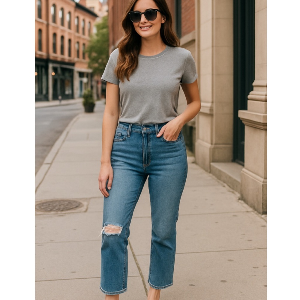 NWT Avec Les Filles Distressed High Rise Straight Crop Jeans Size 28 - Picture 2 of 10